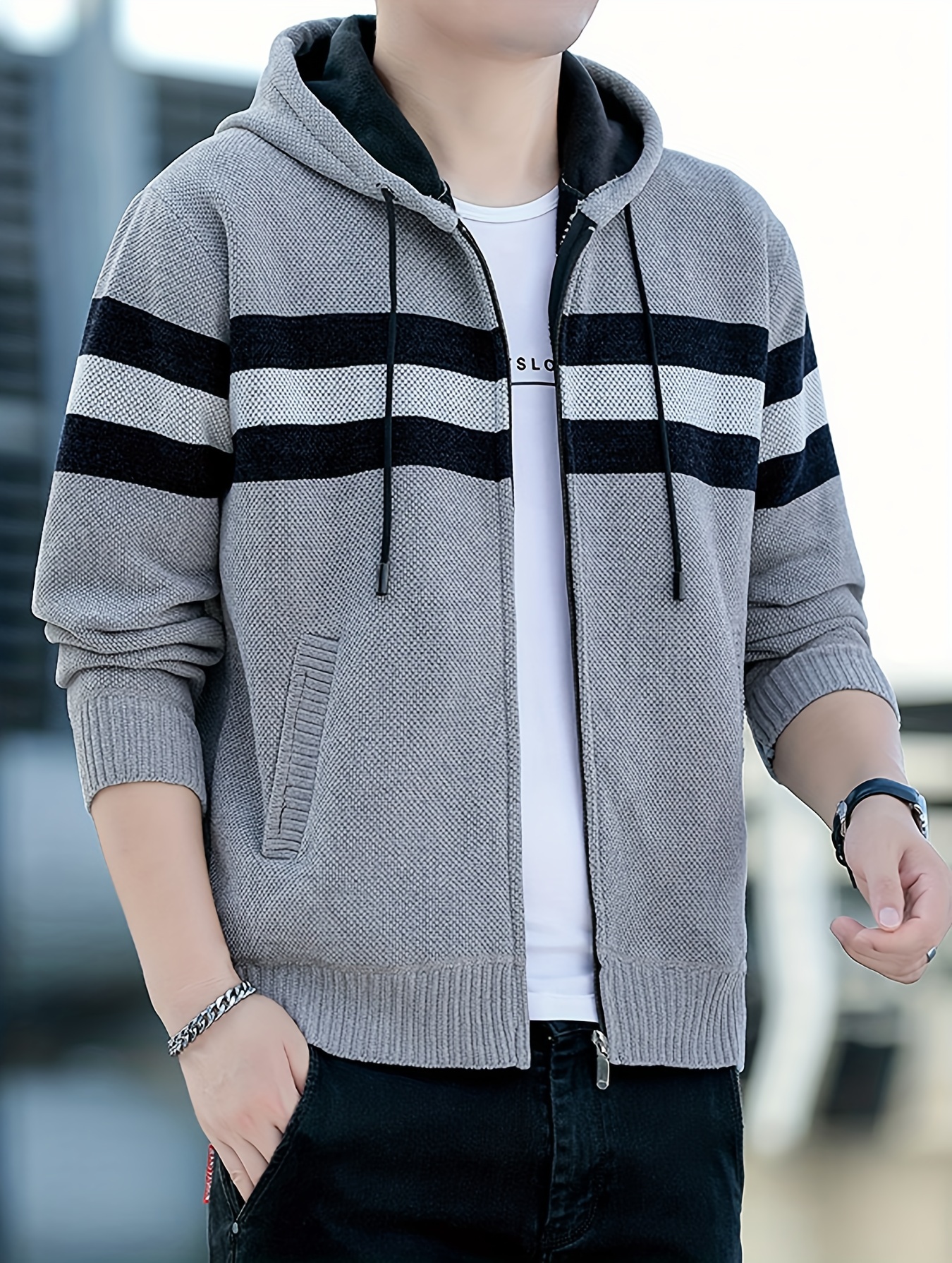Men S Casual Knit Polyester Hooded Sweater, Long Sleeve Zip-Up Jacket, Regular Fit, with and Design, for Travel, Fishing, Golf, Daily details 10