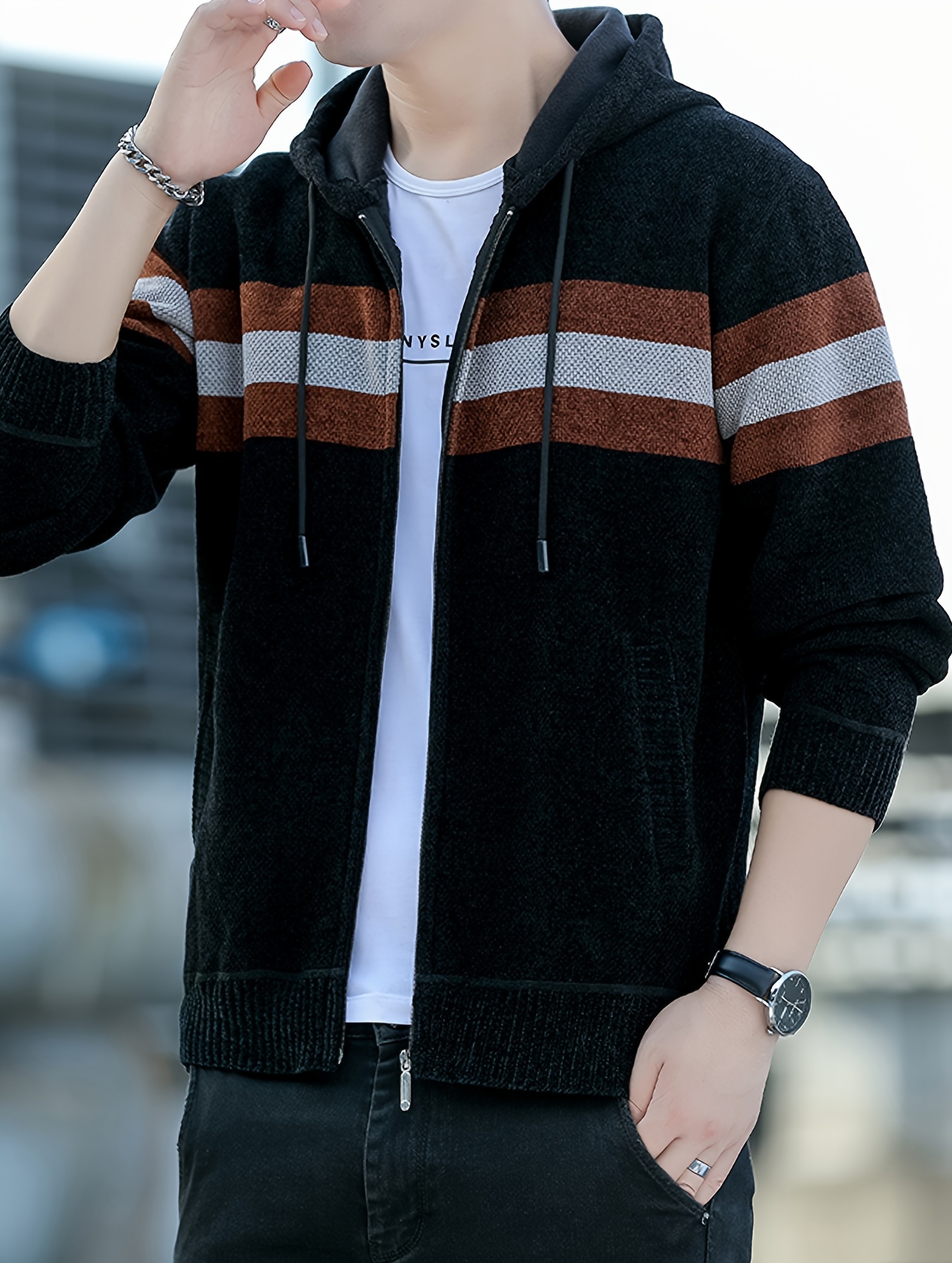 Men S Casual Knit Polyester Hooded Sweater, Long Sleeve Zip-Up Jacket, Regular Fit, with and Design, for Travel, Fishing, Golf, Daily details 24