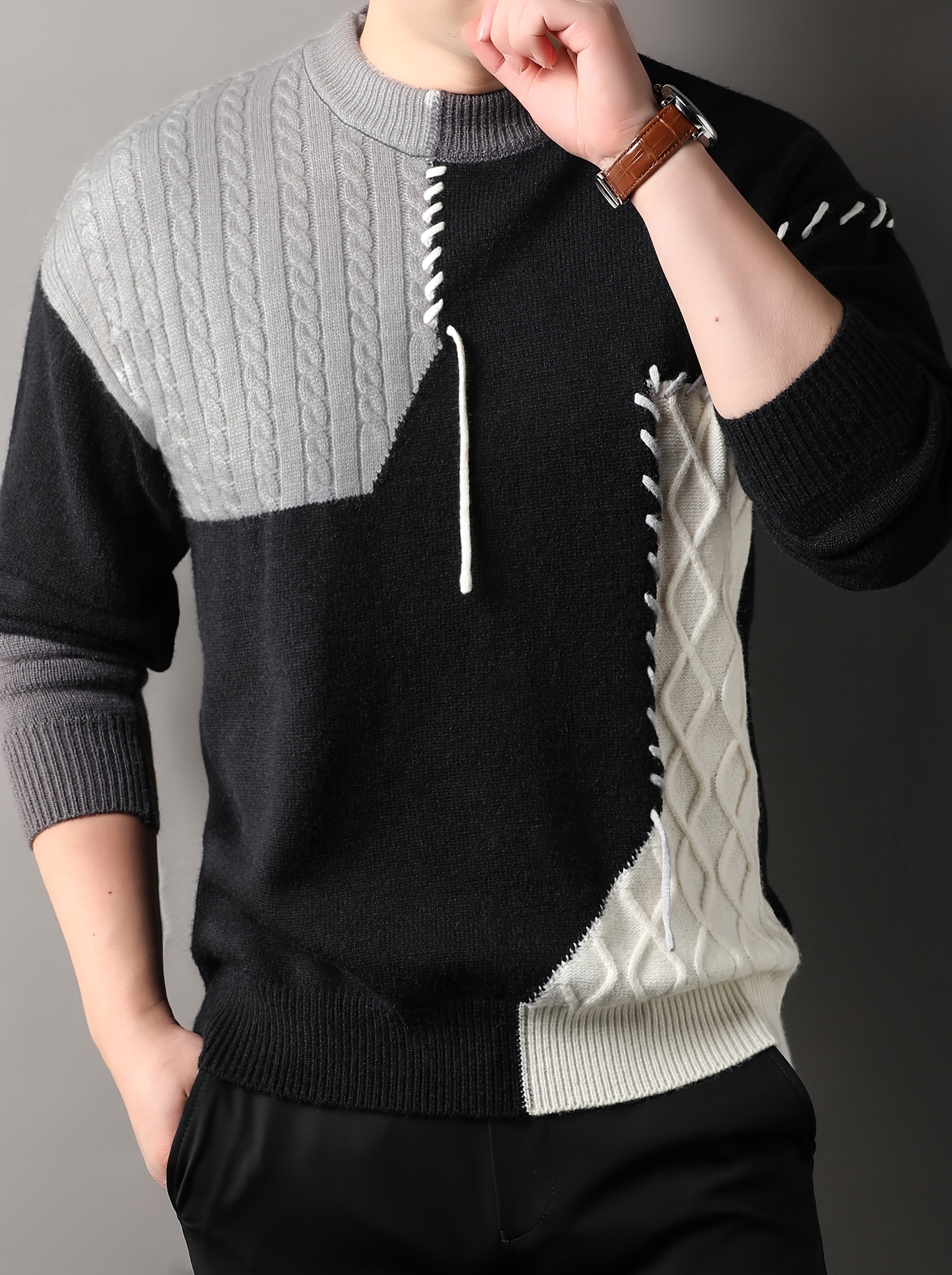 1pc mens korean neck sweater casual striped pattern rib knit stretch loose fit acrylic knit fabric warm pullover for fashionable base layer top 12422 details 2