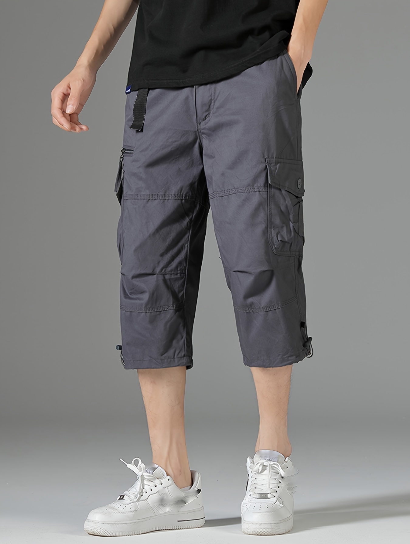 mens 3 4 length solid color non stretch cotton cargo shorts for summer outdoor wear details 4