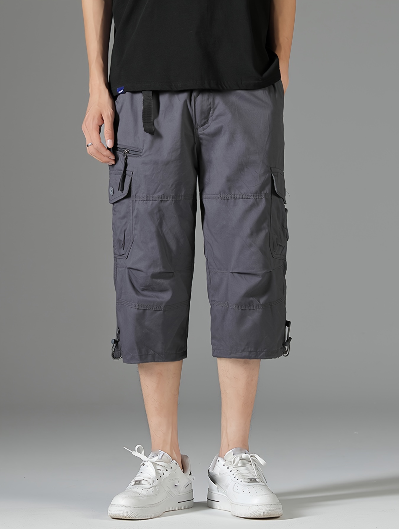 mens 3 4 length solid color non stretch cotton cargo shorts for summer outdoor wear details 5