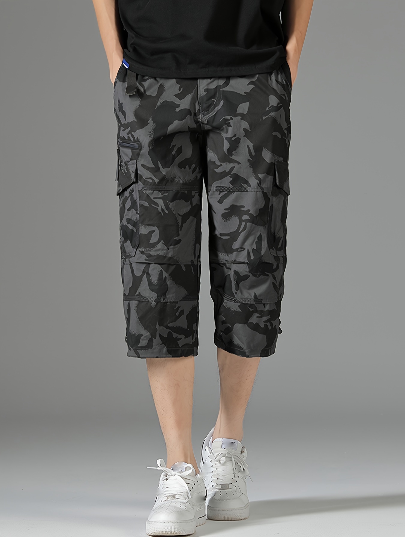 mens 3 4 length solid color non stretch cotton cargo shorts for summer outdoor wear details 9