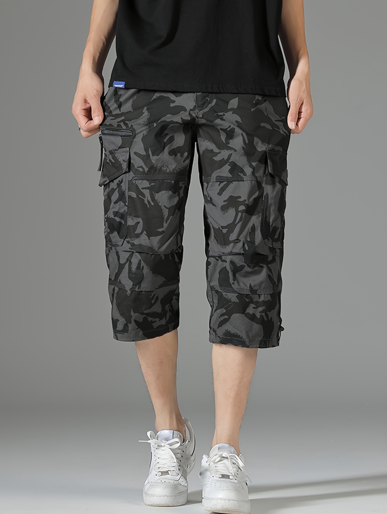 mens 3 4 length solid color non stretch cotton cargo shorts for summer outdoor wear details 11