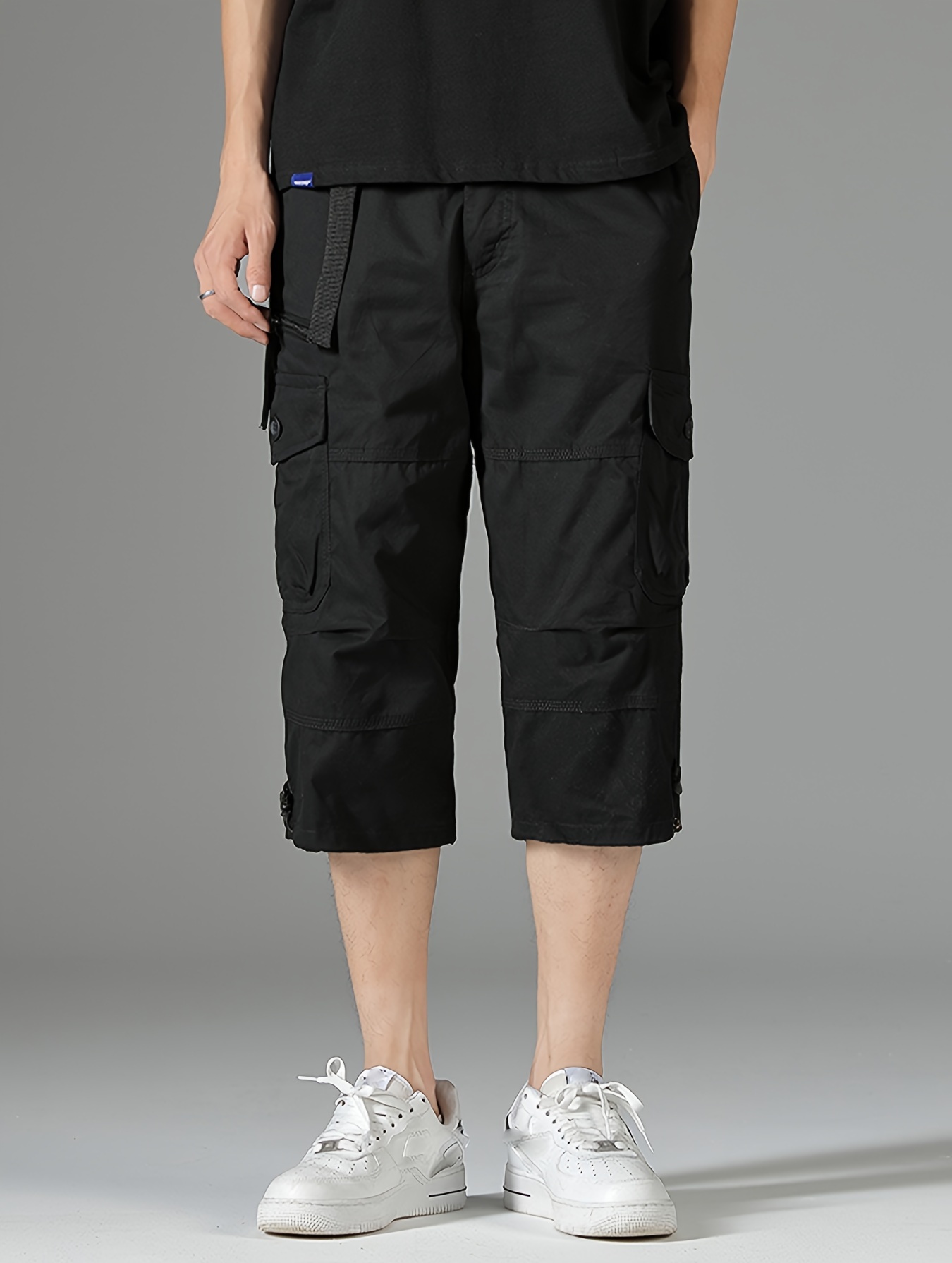 mens 3 4 length solid color non stretch cotton cargo shorts for summer outdoor wear details 12