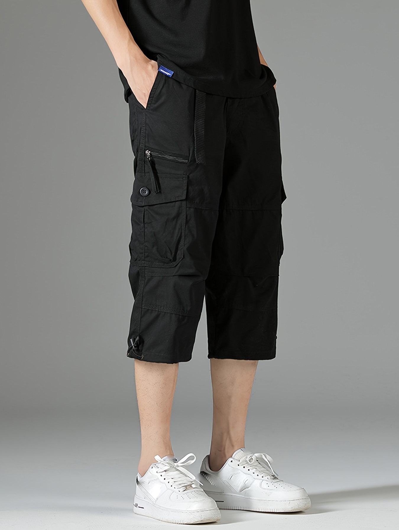 mens 3 4 length solid color non stretch cotton cargo shorts for summer outdoor wear details 14