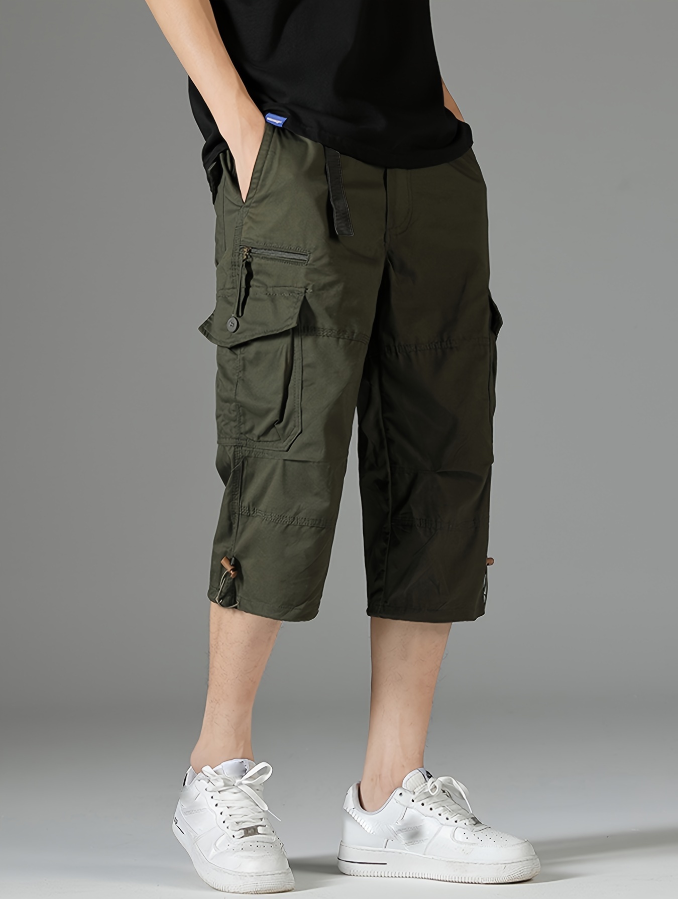 mens 3 4 length solid color non stretch cotton cargo shorts for summer outdoor wear details 17