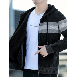 1pc Men'S Casual Color Block Chenille Hooded Knit Jacket - Polyester Long Sleeve Zip-Up with Slight Stretch, Regular Fit Hooded Sweater for Fall/Winter