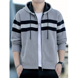 1pc Men'S Casual Color Block Chenille Hooded Knit Jacket - Polyester Long Sleeve Zip-Up with Slight Stretch, Regular Fit Hooded Sweater for Fall/Winter