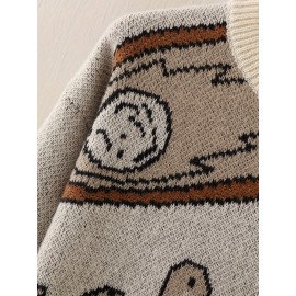 1pc Men'S Casual Round Neck Pullover Sweater, Polyester Knit with Animal Pattern, Loose Fit Long Sleeve for Autumn/Winter