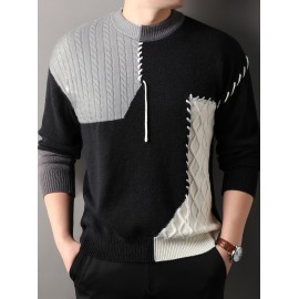 1pc Men'S Korean Style Crew Neck Sweater, Casual Striped Pattern, Rib-Knit, Slight Stretch, Loose Fit, Acrylic Knit Fabric, Thick Warm Patchwork Pullover for Fall/Winter - Fashionable Color Block Base Layer Top [12422]