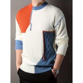 1pc Men'S Korean Style Crew Neck Sweater, Casual Striped Pattern, Rib-Knit, Slight Stretch, Loose Fit, Acrylic Knit Fabric, Thick Warm Patchwork Pullover for Fall/Winter - Fashionable Color Block Base Layer Top [12422]