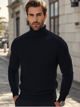 Men's Casual Solid Color Turtleneck Sweater - Long Sleeve, Knit Pullover for Fall/Winter