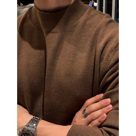 Men'S Fall/Winter Casual Knit Pullover Sweater, Solid Color, Long Sleeve, Slight Stretch, Regular Fit with High Neck Collar