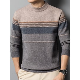 1pc Men'S Casual Striped Crew Neck Sweater, Polyester Knit Long Sleeve Pullover, Mature Style Solid Color Warm Top for Sports and Leisure