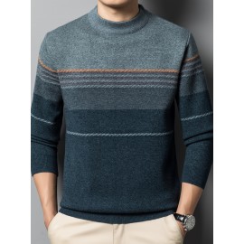 1pc Men'S Casual Striped Crew Neck Sweater, Polyester Knit Long Sleeve Pullover, Mature Style Solid Color Warm Top for Sports and Leisure