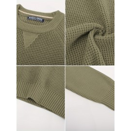 Men Waffle Textured Sweater Long Raglan Sleeve Crew Neck Ribbed Cuff Pullover