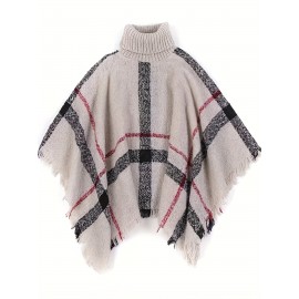 Men's Casual Plaid Tassel Shawl Sweater - Cozy Knit Pullover with High Neck, Loose Fit, Non-Sheer for Fall/Winter | Soft Acrylic, Machine Washable