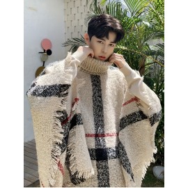 Men's Casual Plaid Tassel Shawl Sweater - Cozy Knit Pullover with High Neck, Loose Fit, Non-Sheer for Fall/Winter | Soft Acrylic, Machine Washable