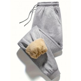 1pc Men'S Casual Mid Waist Sweatpants,  Fall/Winter Thick Fleece Lined, Solid Color Polyester Knit Fabric, Non-Stretch, Regular Fit Drawstring Waist, Weekend Comfort Warmth, No Belt - Polyester Fiber Filled