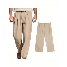 1pc Men'S Casual Wide Leg Pants - Cotton Blend, Solid Color, All-Season, Regular Fit, Slight Stretch, Woven Fabric, Mid Waist with Drawstring and Pleated Front - Versatile for Beach and Daily Wear