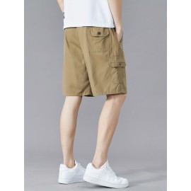 Casual Solid Men's Regular Fit Elastic Waist Cotton Cargo Shorts With Side Pockets For Summer Outdoor Leisure And Work
