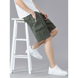 Casual Solid Men's Regular Fit Elastic Waist Cotton Cargo Shorts With Side Pockets For Summer Outdoor Leisure And Work