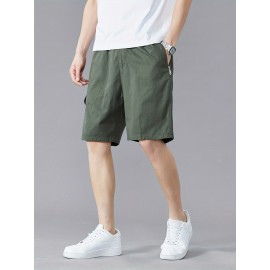 Casual Solid Men's Regular Fit Elastic Waist Cotton Cargo Shorts With Side Pockets For Summer Outdoor Leisure And Work