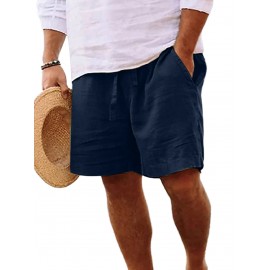1pc Men'S Casual Linen Blend Shorts - Solid Color, Drawstring Elastic Waist, Breathable Slight Stretch Fabric, Loose Fit Beach Shorts