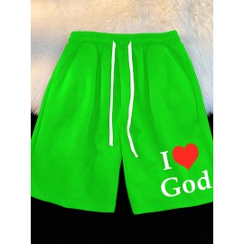 Casual Polyester Knit Fabric Shorts with Pockets, Regular Fit, Slight Stretch, Alphabet Pattern, with 